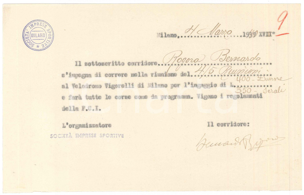Autografo originale 1940 CICLISMO MILANO Bernardo ROGORA conferma gara e ingaggio  AUTOGRAFO 1