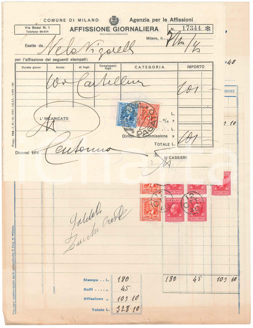Documento originale, autentico 1940 MILANO Tipografia IL MANIFESTO  Fattura locandine CICLISMO  VIGORELLI 1