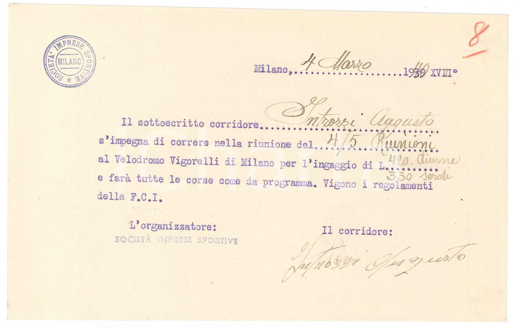 Autografo originale 1940 CICLISMO MILANO Augusto INTROZZI conferma gara e ingaggio  AUTOGRAFO 1