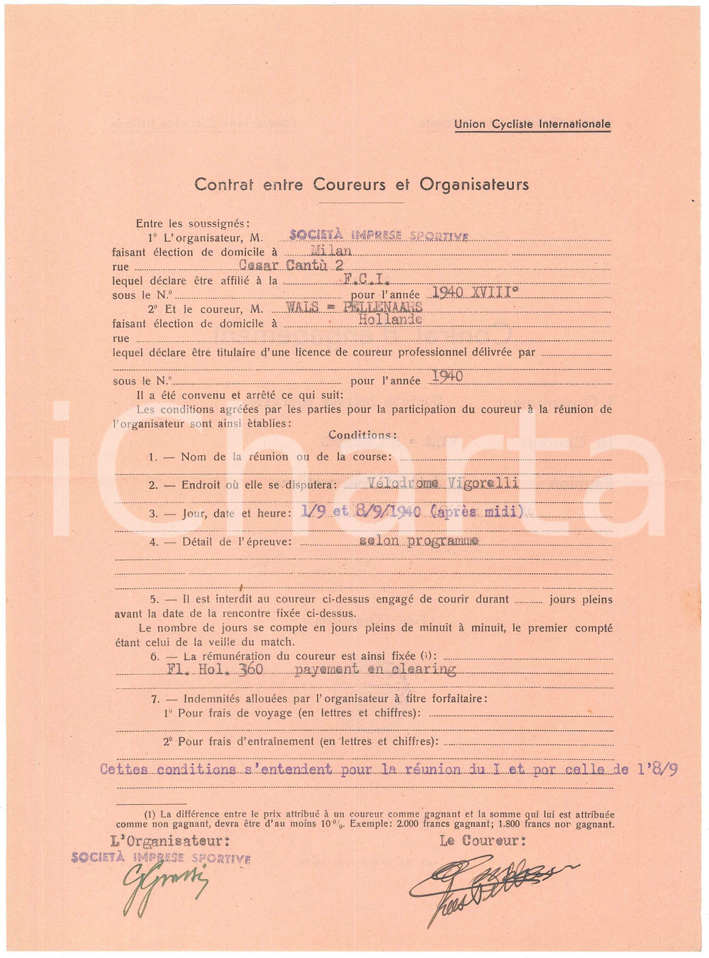 Autografo originale 1940 CICLISMO MILANO  Contratto ingaggio WALS PELLENAARS  Autografi 1