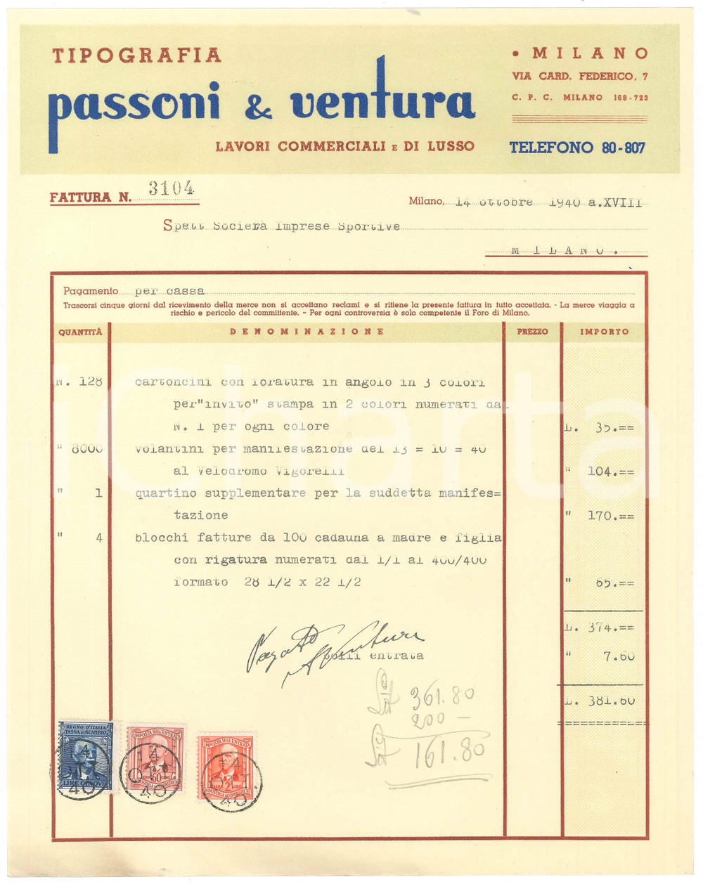 Documento originale, autentico 1940 MILANO Tipografi PASSONI & VENTURA Fattura volantini Velodromo VIGORELLI 1