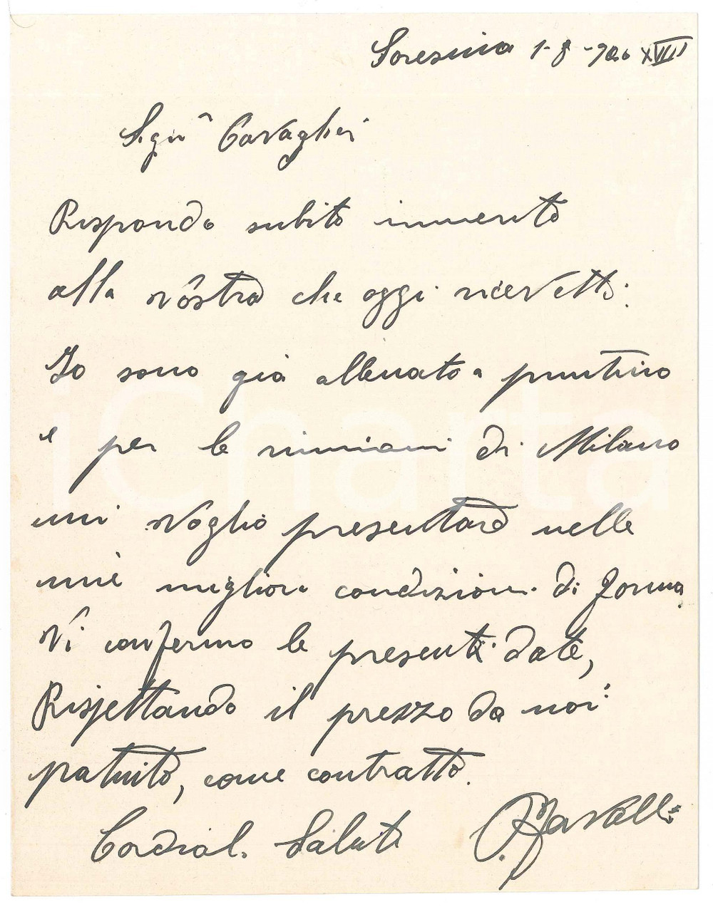 Autografo originale 1940 CICLISMO SORESINA Pierino FAVALLI in forma per gare a Milano  AUTOGRAFO 1