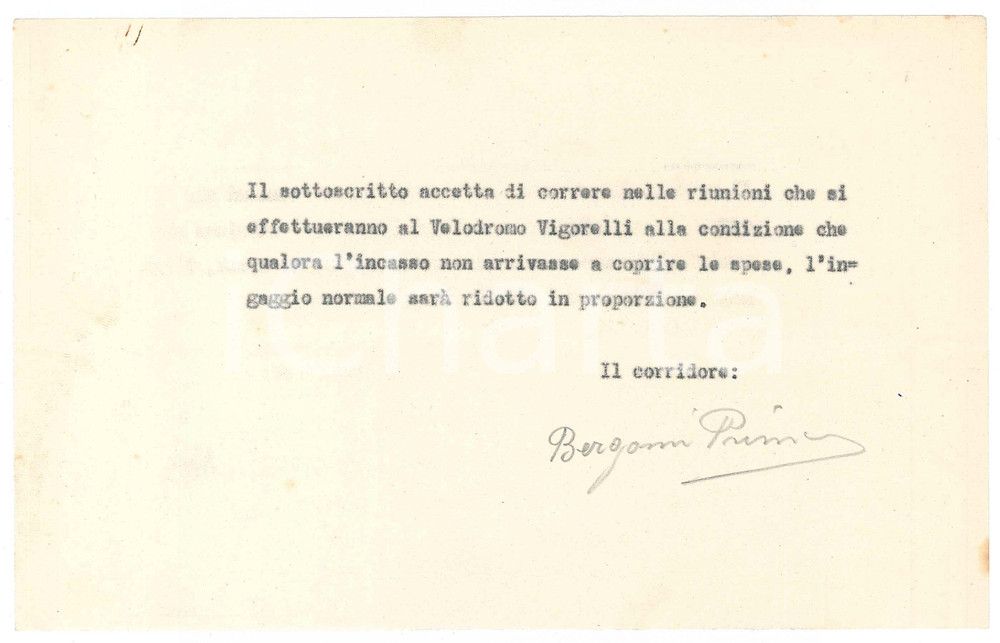 Autografo originale 1940 CICLISMO Primo BERGOMI accetta gara al Vigorelli con clausola AUTOGRAFO 1