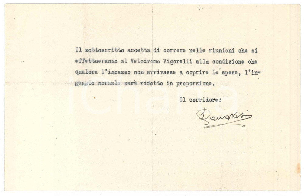 Autografo originale 1940 CICLISMO Severino CANAVESI accetta gara al Vigorelli con clausola AUTOGRAFO 1