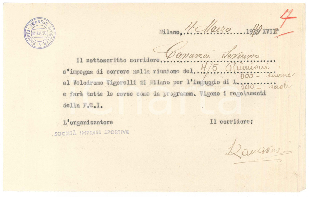 Autografo originale 1940 CICLISMO MILANO Severino CANAVESI conferma gara e ingaggio  AUTOGRAFO 1