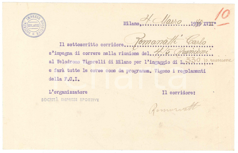 Autografo originale 1940 CICLISMO MILANO Carlo ROMANATTI conferma gara e ingaggio  AUTOGRAFO 1