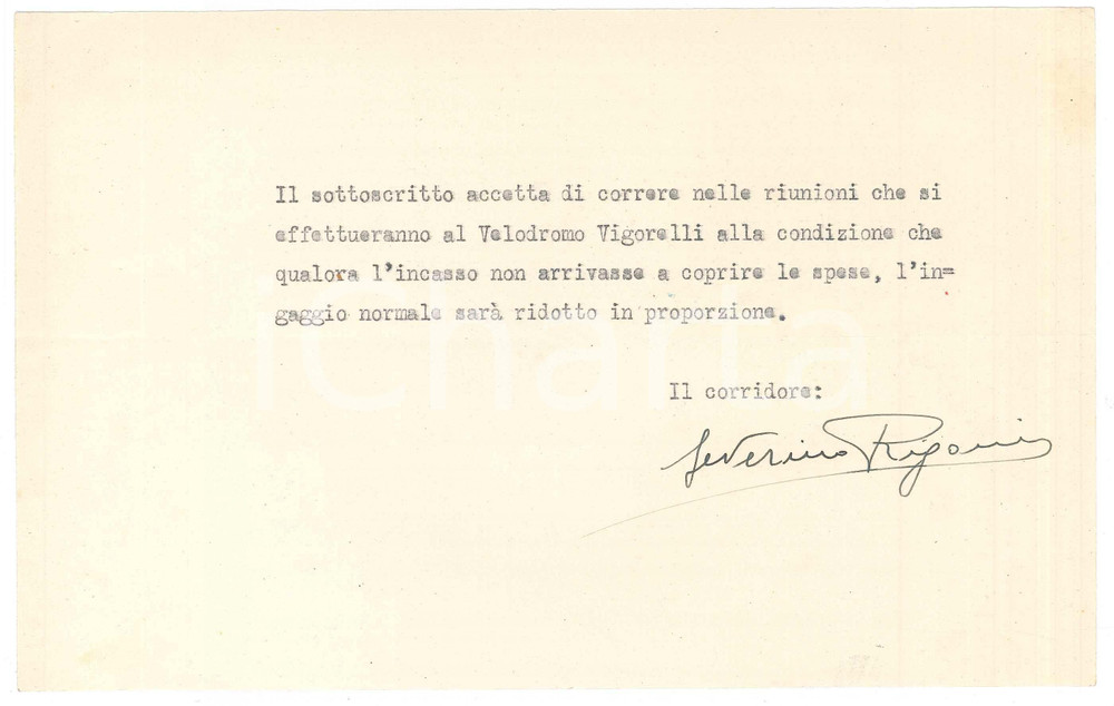Autografo originale 1940 CICLISMO Severino RIGONI accetta gara al Vigorelli con clausola AUTOGRAFO 1
