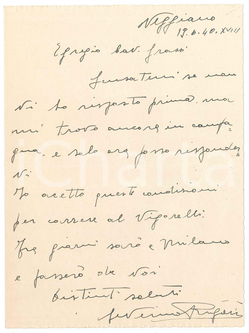 Autografo originale 1940 CICLISMO VEGGIANO Severino RIGONI accetta gara al Vigorelli  AUTOGRAFO 1