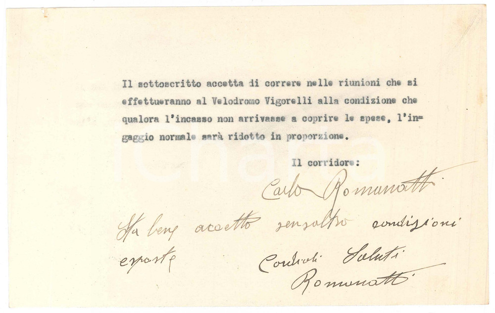 Autografo originale 1940 CICLISMO Carlo ROMANATTI conferma gara e ingaggio al Vigorelli  AUTOGRAFO 1