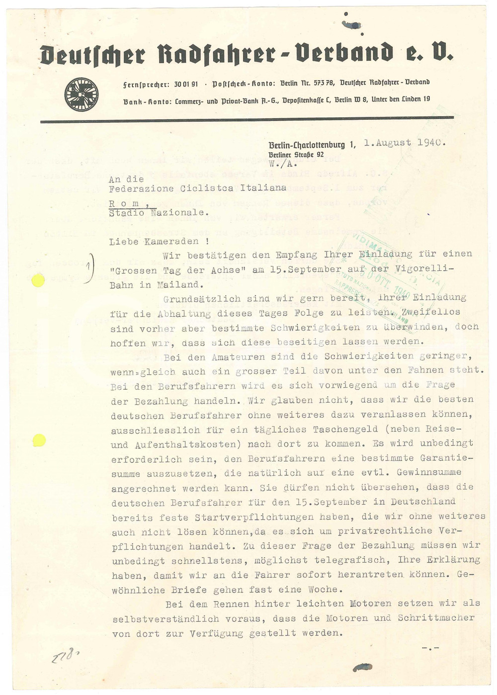 Documento originale, autentico 1940 CICLISMO BERLINO Deutscher Radfahrer  Verband  WILKE su Giornata Asse 1