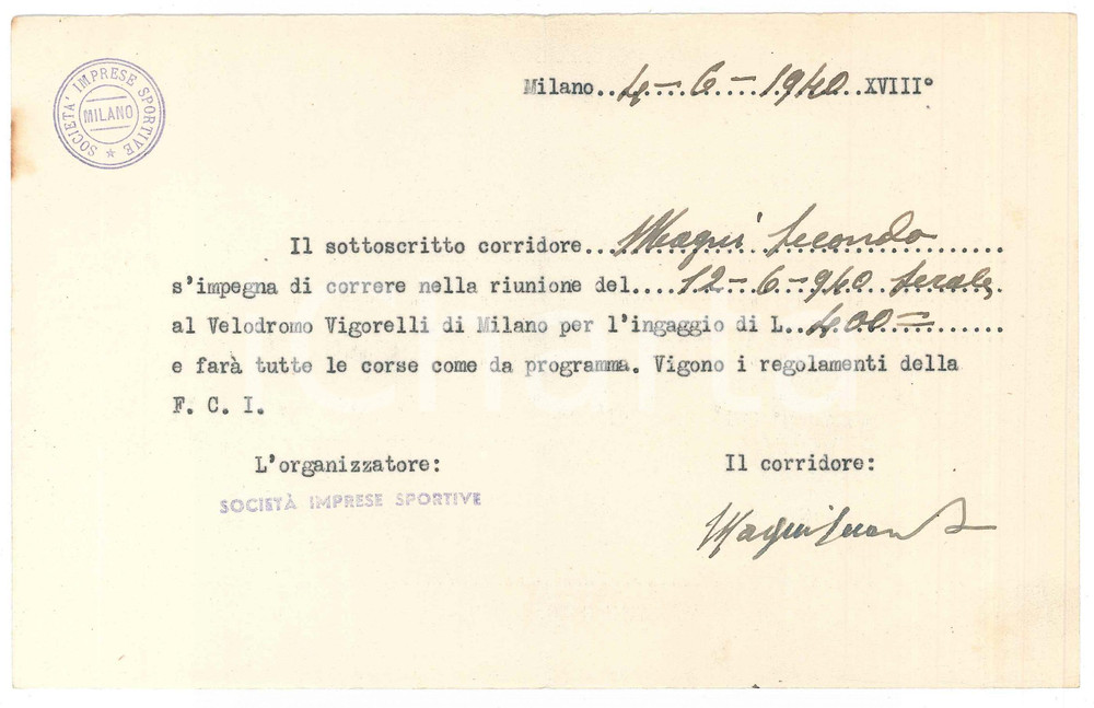 Autografo originale 1940 CICLISMO MILANO Secondo MAGNI conferma gara al Vigorelli AUTOGRAFO 1