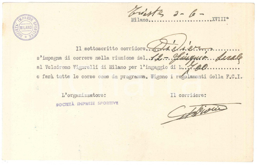 Autografo originale 1940 CICLISMO TRIESTE Christophe DIDIER conferma gara al VIGORELLI Autografo 1