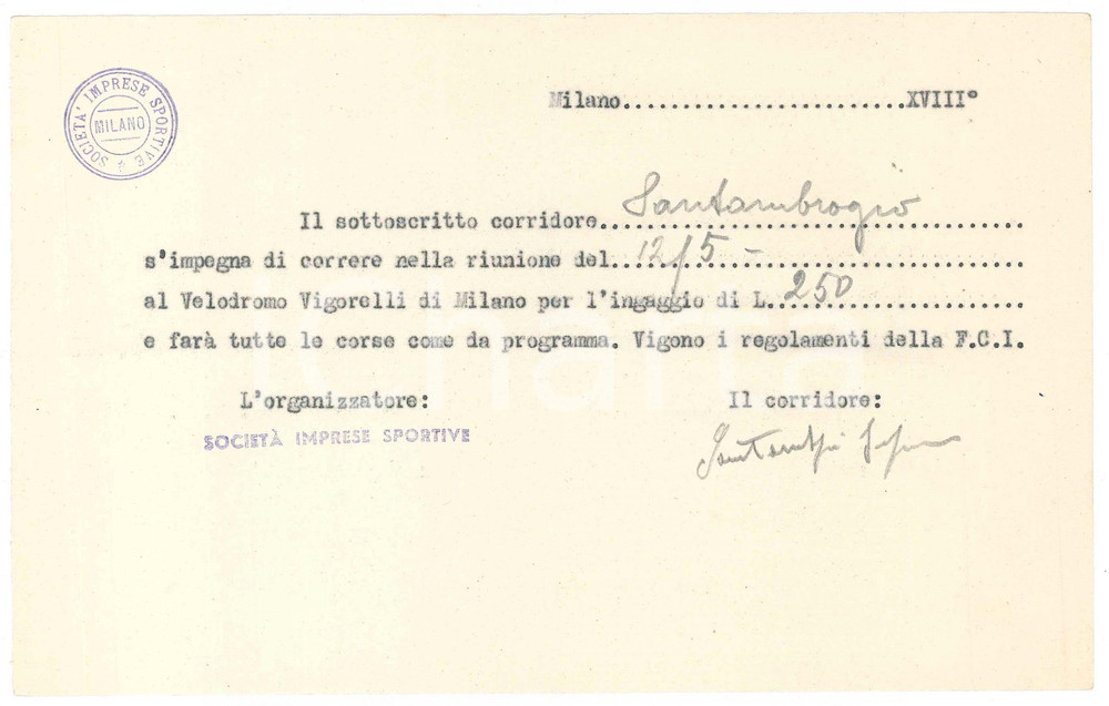 Autografo originale 1940 CICLISMO MILANO Serafino SANTAMBROGIO conferma gara al VIGORELLI Autografo 1