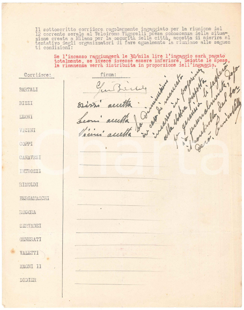 Autografo originale 1940 ca WW1 CICLISMO MILANO Corridori nel velodromo oscurato  AUTOGRAFI BARTALI 1