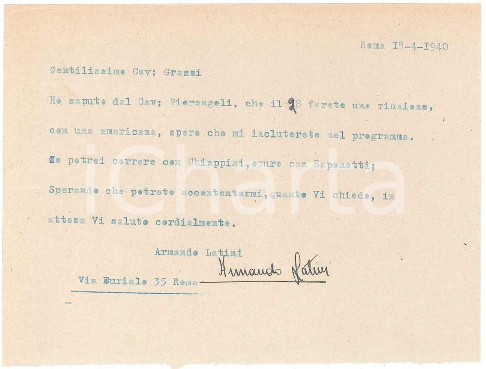 Autografo originale 1940 CICLISMO ROMA Armando LATINI chiede di correre americana  AUTOGRAFO 1