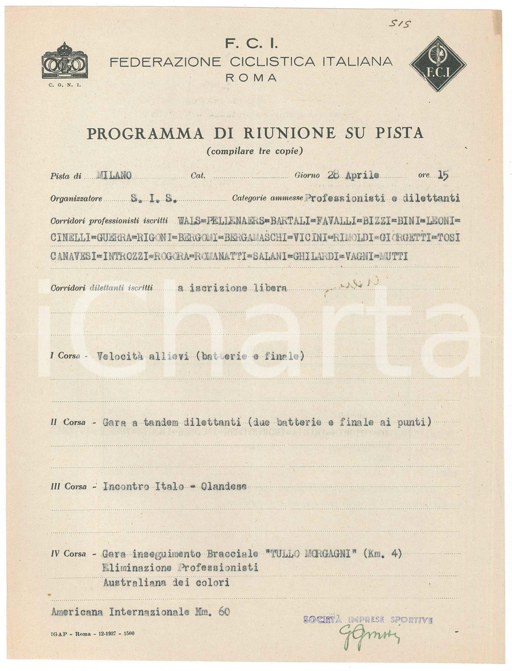 Documento originale, autentico 1940 ca CICLISMO  MILANO Programma di riunione su pista  Gara SIS  21x29 cm 1