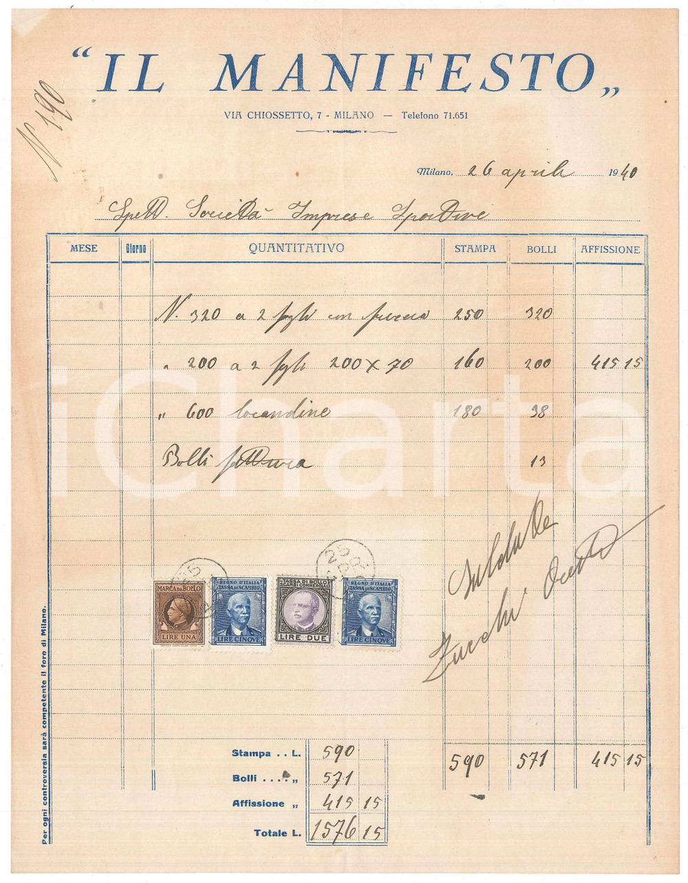 Documento originale, autentico 1940 MILANO Tipografia IL MANIFESTO  Fattura locandine CICLISMO 1