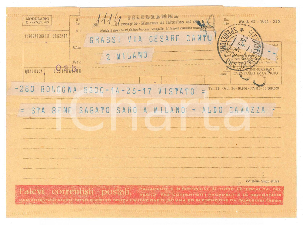 Documento originale, autentico 1942 CICLISMO  BOLOGNA Telegramma Aldo CAVAZZA per conferma presenza 1