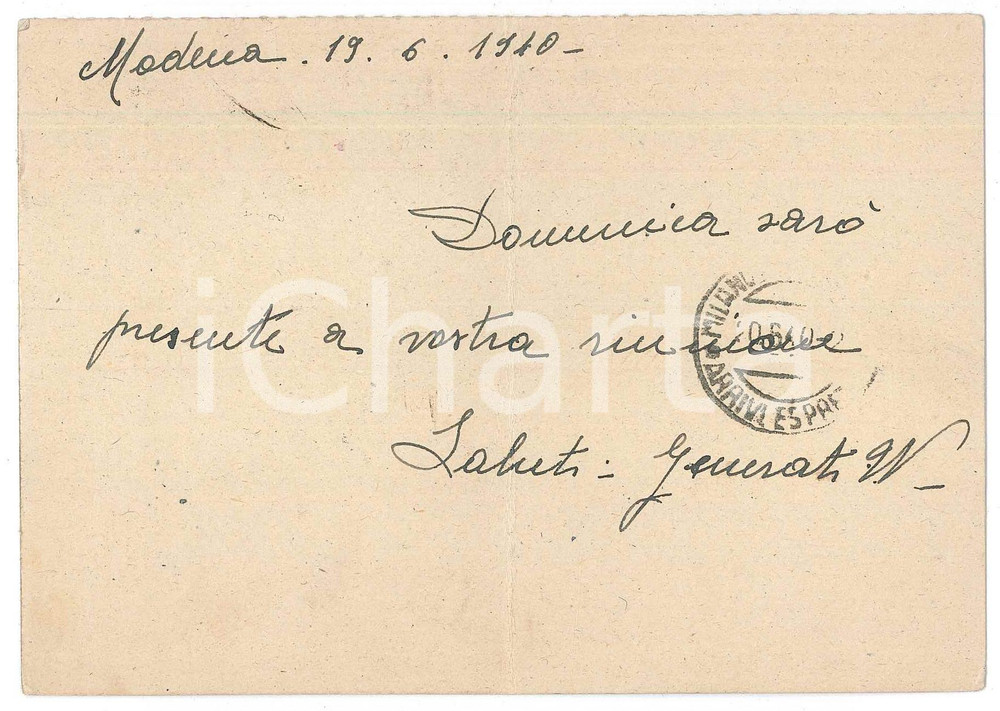 Autografo originale 1940 CICLISMO MODENA Walter GENERATI conferma gara al Vigorelli  AUTOGRAFO 1