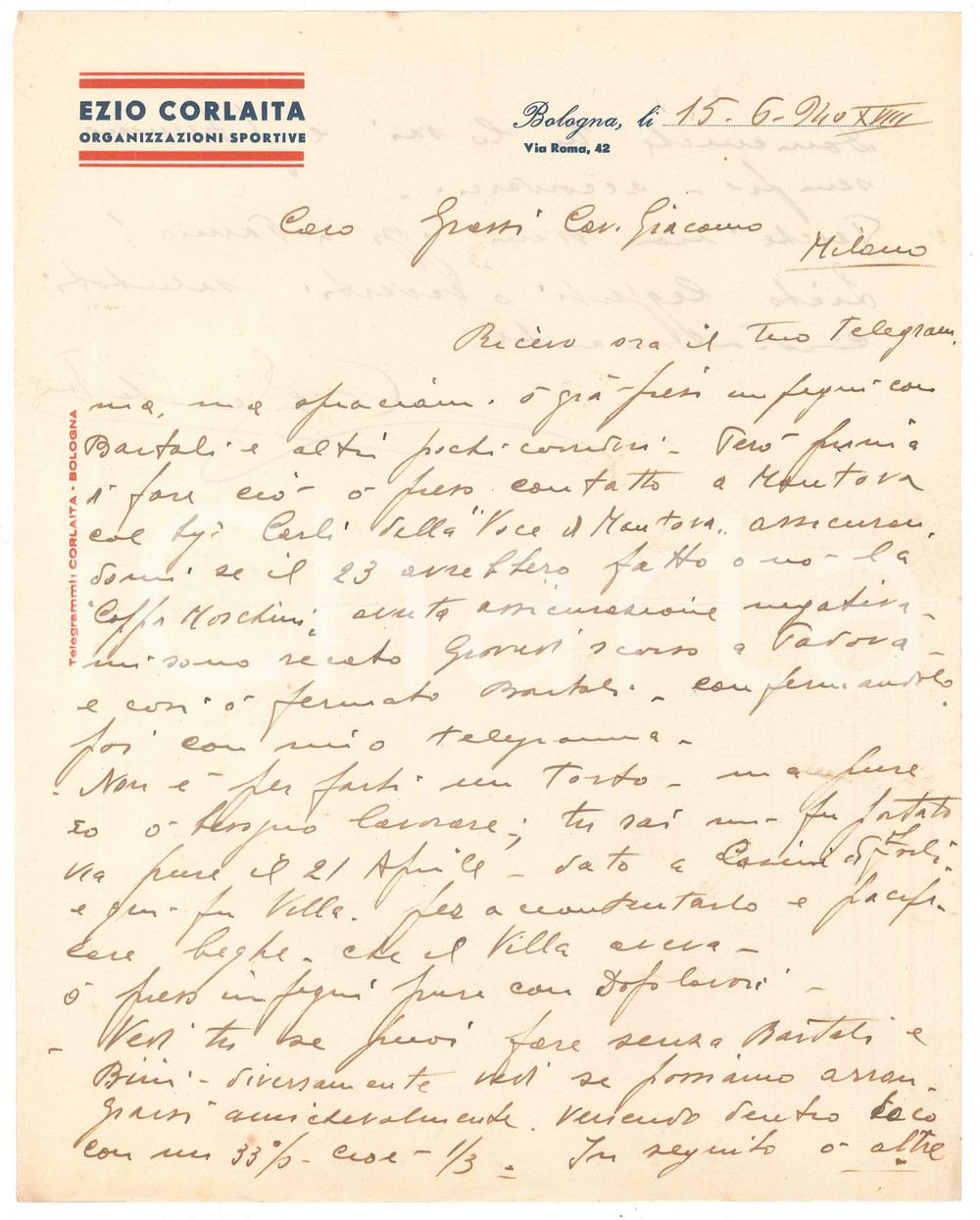 Autografo originale 1940 CICLISMO BOLOGNA Ezio CORLAITA sottrae Bartali al Vigorelli  AUTOGRAFO 1