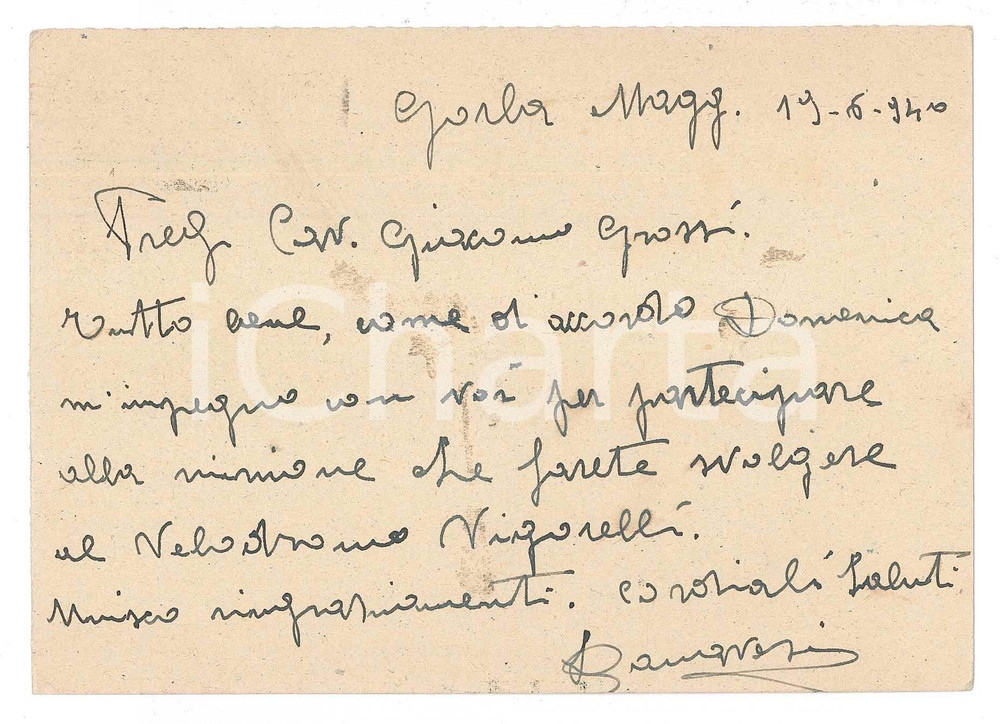 Autografo originale 1940 CICLISMO GORLA MAGGIORE Severino CANAVESI conferma gara  AUTOGRAFO 1