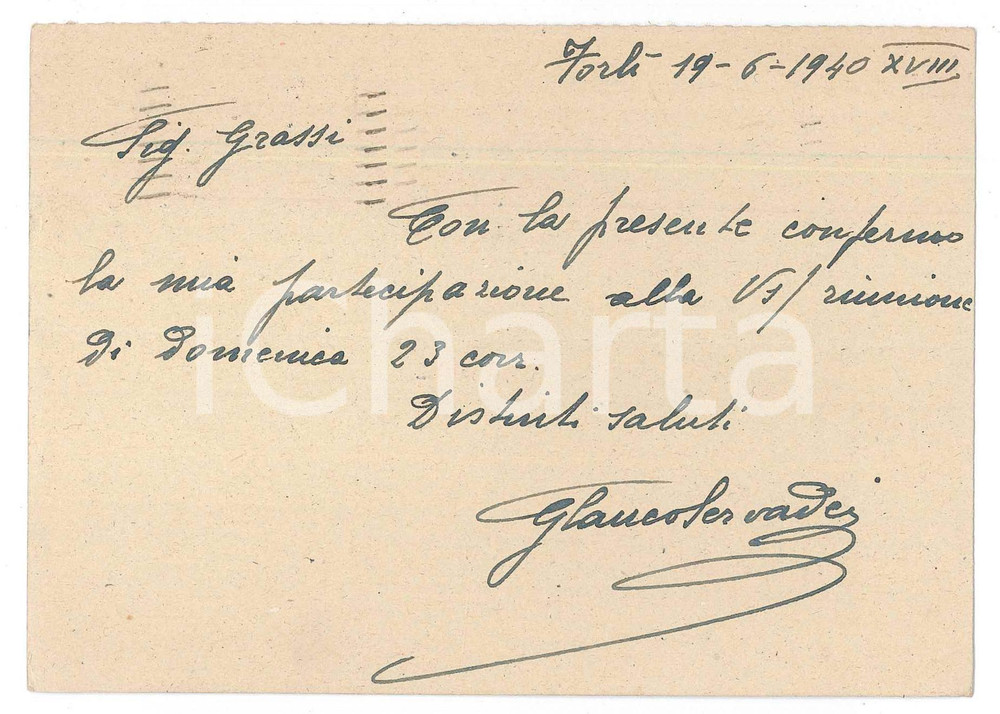 Autografo originale 1940 CICLISMO FORLI  Glauco SERVADEI conferma una gara al Vigorelli  AUTOGRAFO 1