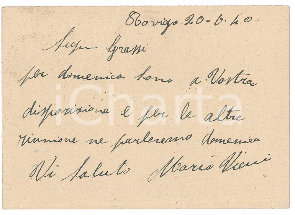 Autografo originale 1940 CICLISMO ROVIGO Mario VICINI conferma una gara al Vigorelli  AUTOGRAFO 1