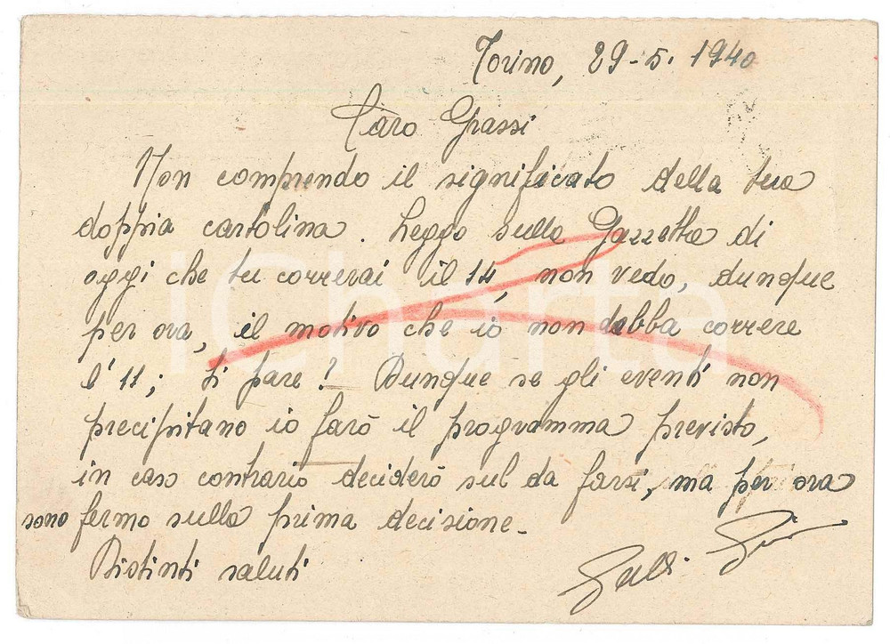 Autografo originale 1940 CICLISMO TORINO Cartolina Giulio GALLI escluso da una gara  AUTOGRAFO 1