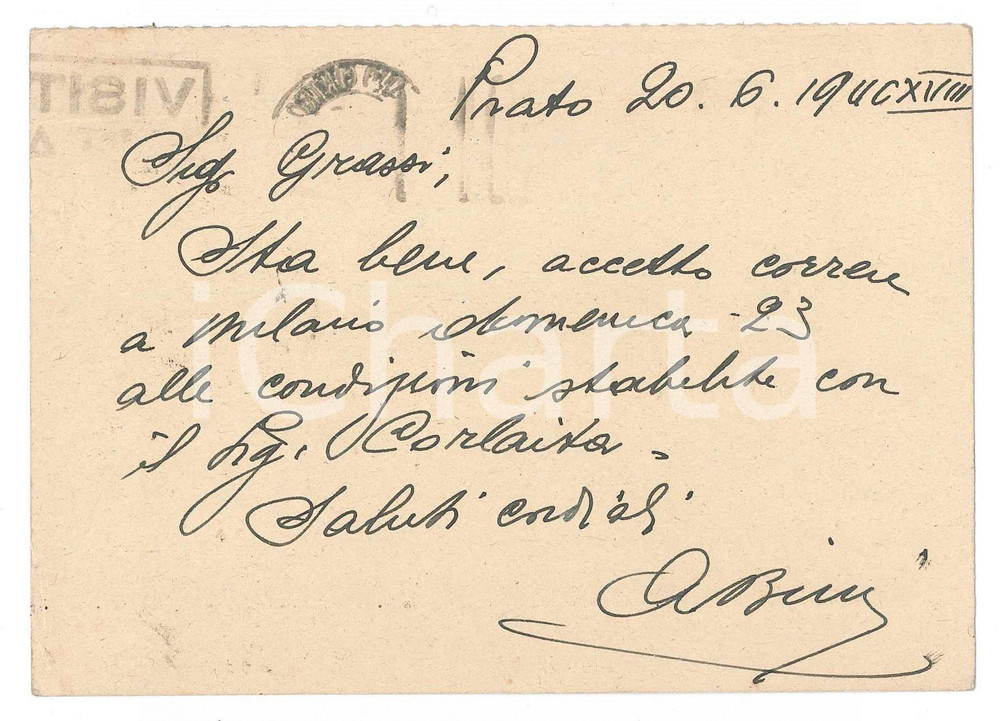 Autografo originale 1940 CICLISMO PRATO Aldo BINI conferma una gara al Vigorelli  AUTOGRAFO 1