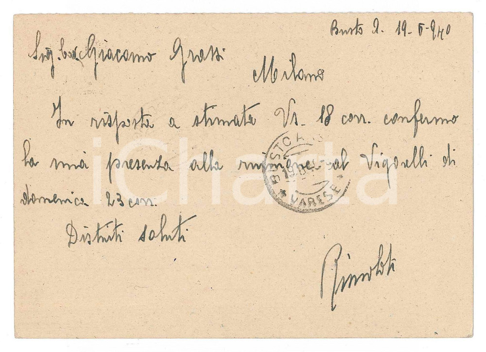 Autografo originale 1940 CICLISMO BUSTO ARSIZIO Pietro RIMOLDI conferma una gara  AUTOGRAFO 1