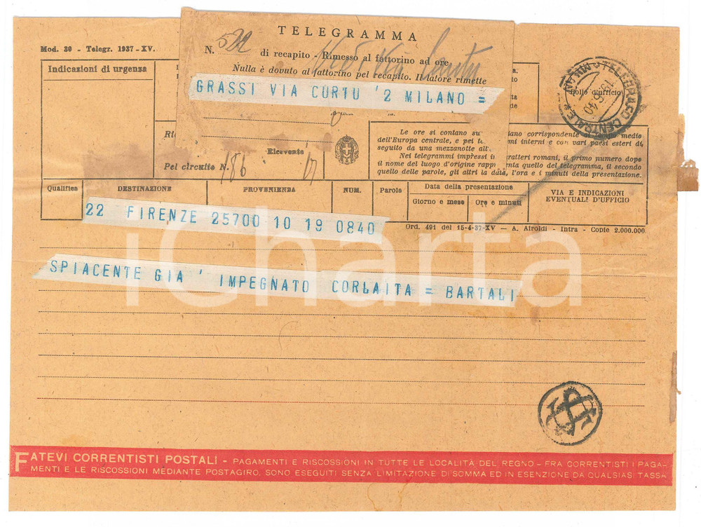 Documento originale, autentico 1940 CICLISMO FIRENZE Telegramma Gino BARTALI conferma impegno con Ezio CORLAITA 1