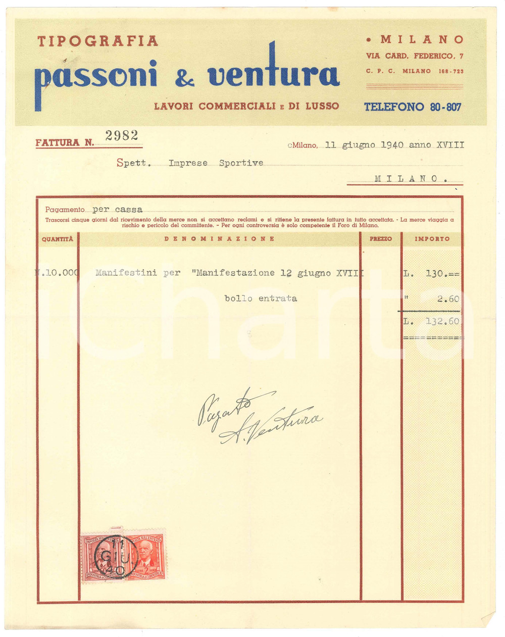 Documento originale, autentico 1940 MILANO Tipografi PASSONI & VENTURA Fattura per manifestazione CICLIMO 1