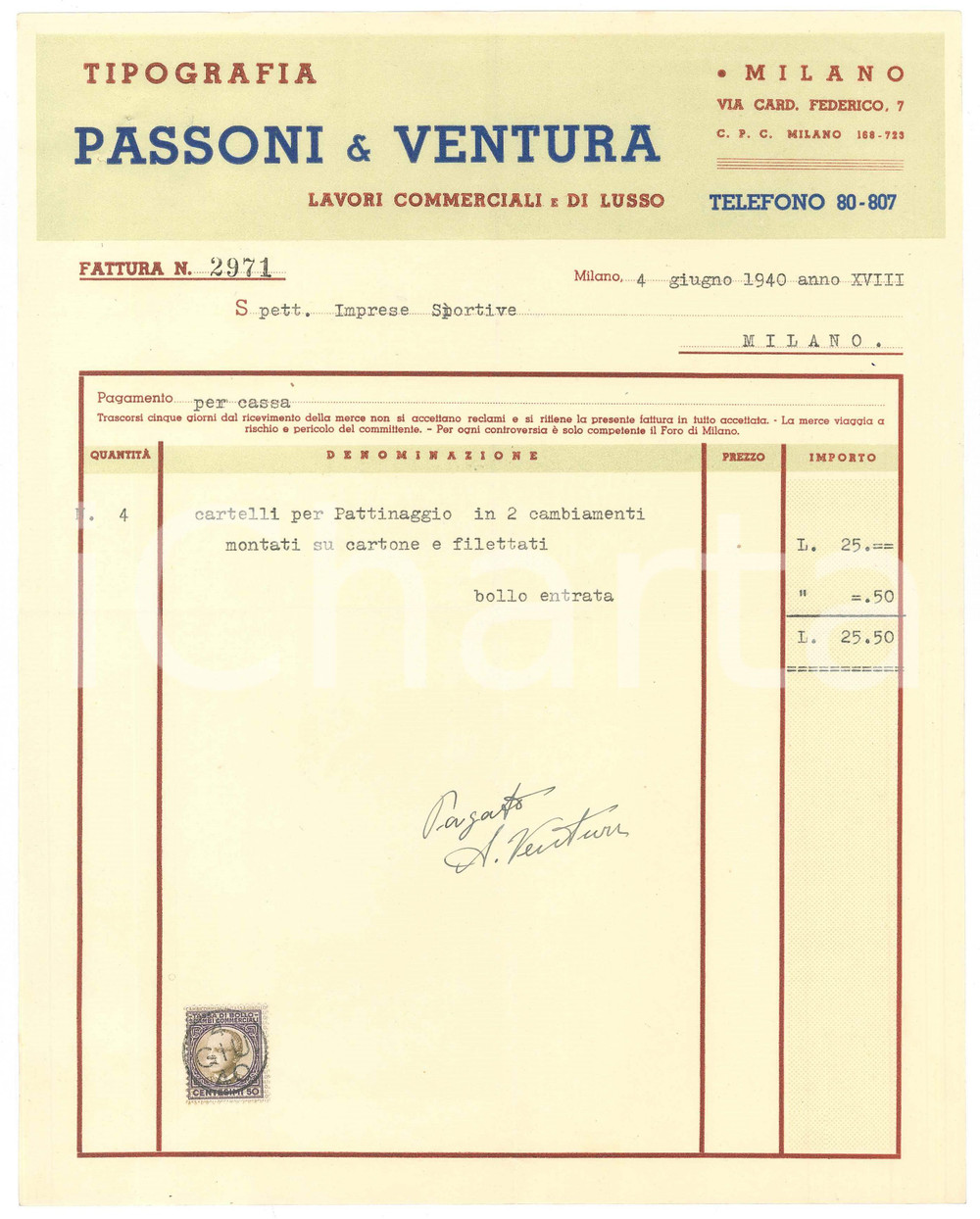 Documento originale, autentico 1940 MILANO Tipografi PASSONI & VENTURA Fattura per manifestazione PATTINAGGIO 1