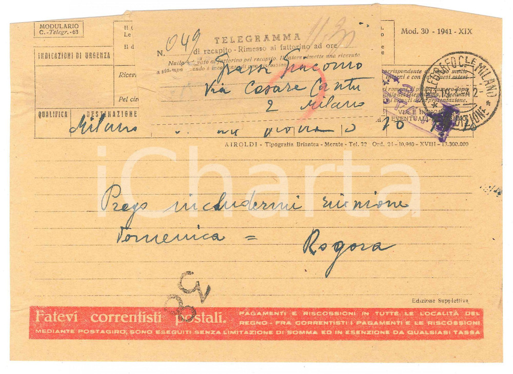 Documento originale, autentico 1942 CICLISMO  SOLBIATE OLONA Telegramma Bernardo ROGORA conferma riunione 1