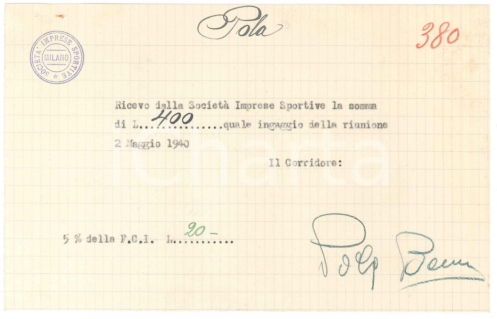 Autografo originale 1940 CICLISMO MILANO Ricevuta Benedetto POLA per ingaggio Vigorelli AUTOGRAFO 1
