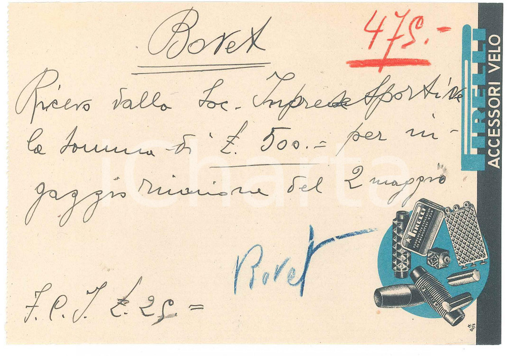Autografo originale 1940 ca CICLISMO Autografo Alfredo BOVET su ricevuta PIRELLI accessori velo 1