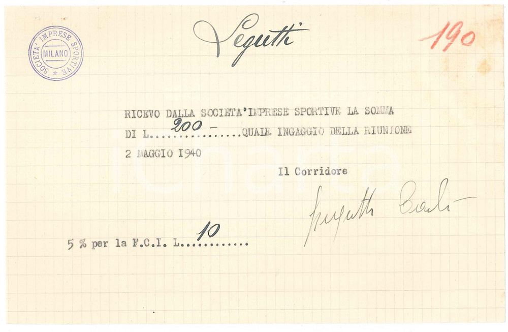 Autografo originale 1940 CICLISMO MILANO Ricevuta Carlo LEGUTTI per ingaggio Vigorelli AUTOGRAFO 1