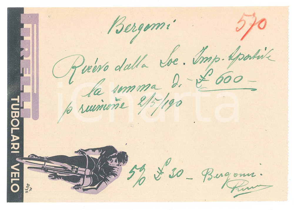 Autografo originale 1940 CICLISMO Autografo Primo BERGOMI su ricevuta PIRELLI tubolari velo 1