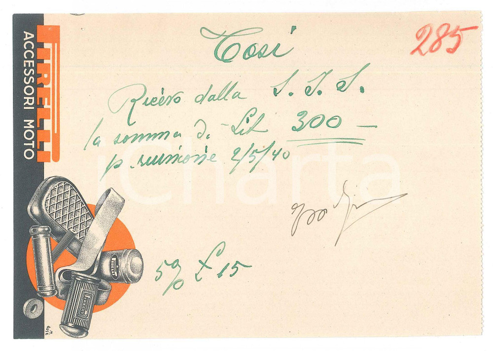 Autografo originale 1940 CICLISMO Autografo Angelo TOSI su ricevuta PIRELLI accessori moto 1