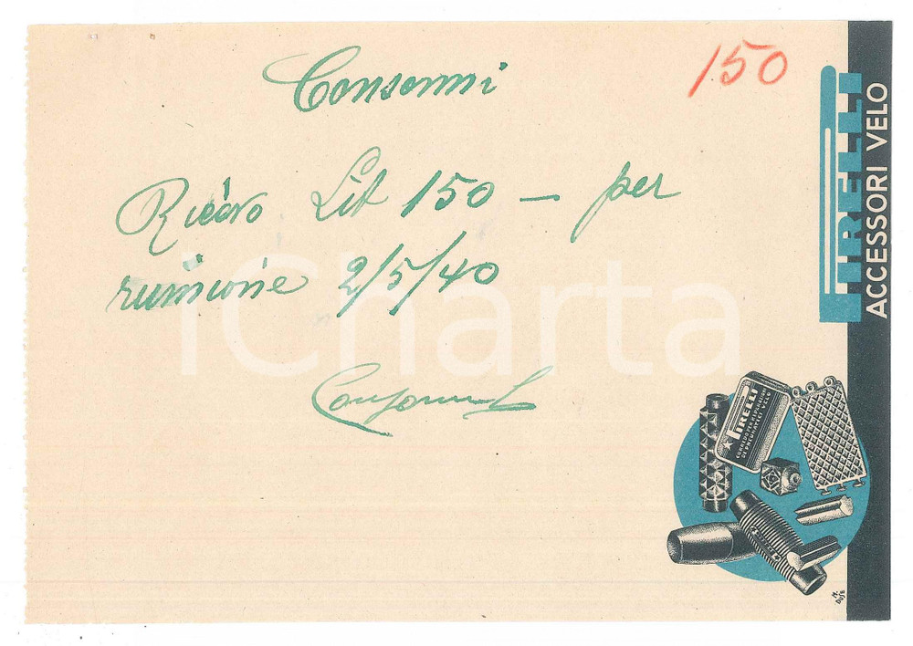 Autografo originale 1940 CICLISMO Autografo Luigi CONSONNI su ricevuta PIRELLI accessori velo 1