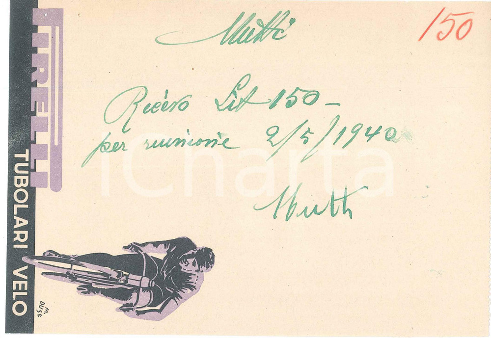 Autografo originale 1940 CICLISMO Autografo Luigi MUTTI su ricevuta PIRELLI tubolari velo 1