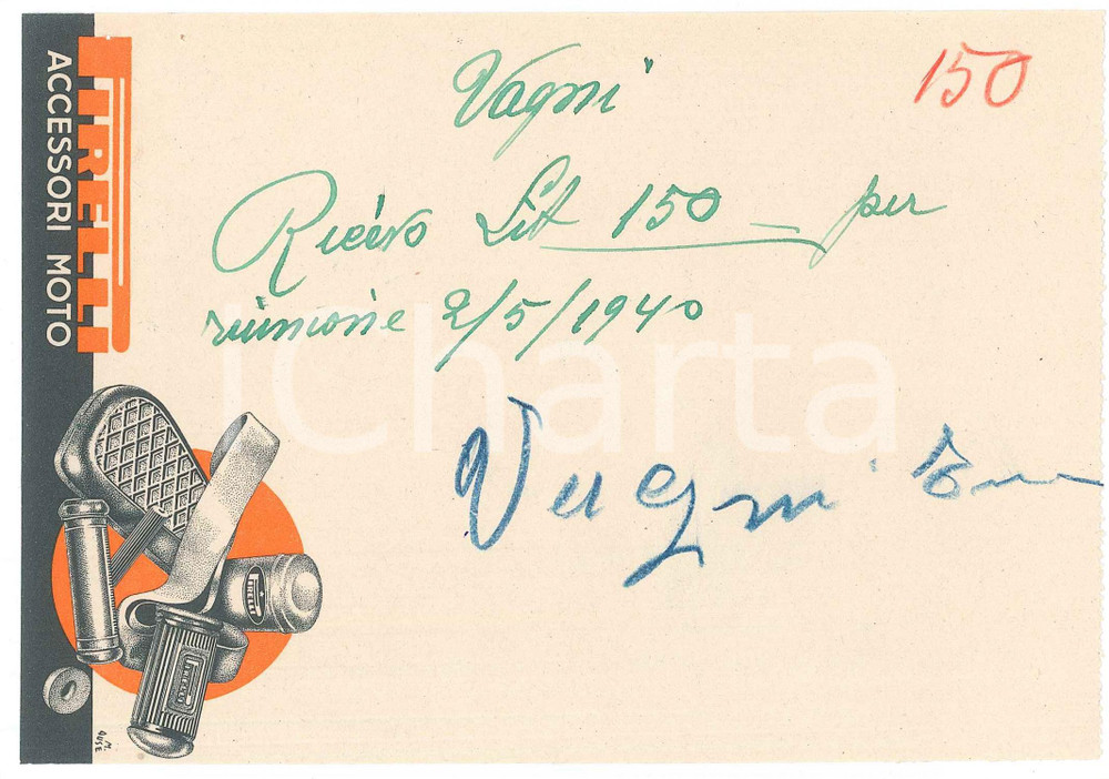 Autografo originale 1940 CICLISMO Autografo Enrico VAGNI su ricevuta PIRELLI accessori moto 1