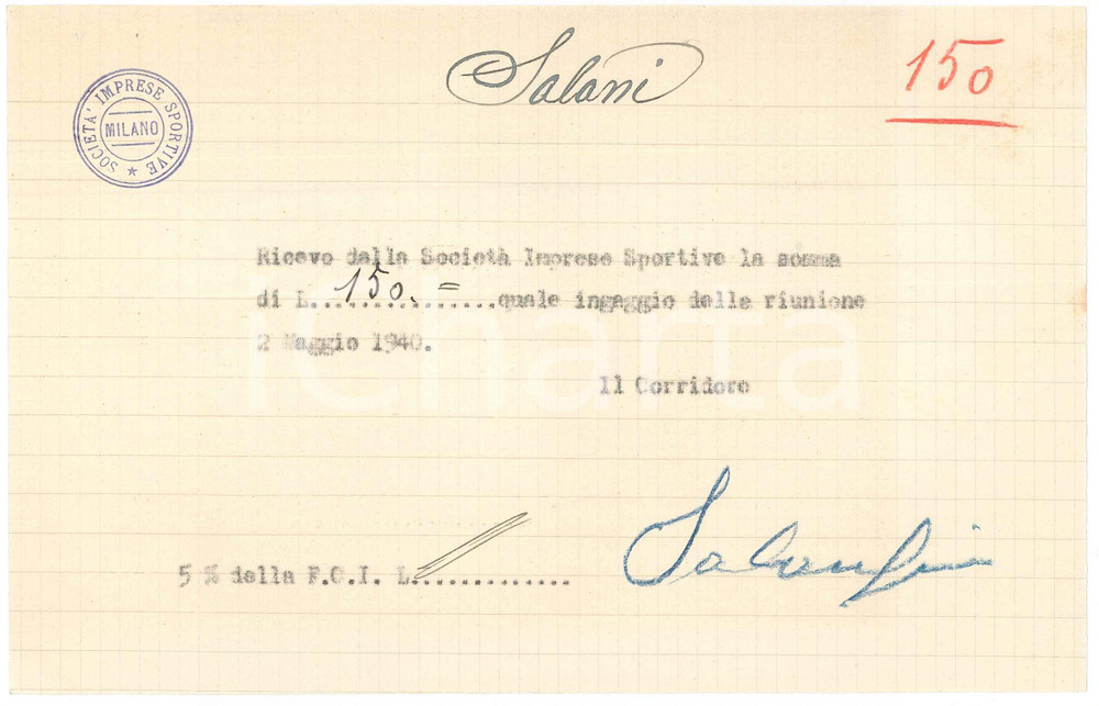 1940 CICLISMO MILANO Ricevuta Gino SALANI per ingaggio Vigorelli *AUTOGRAFO