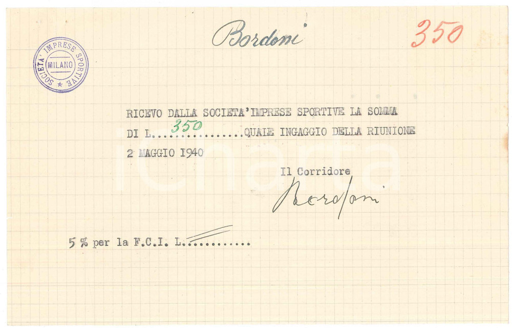 Autografo originale 1940 CICLISMO MILANO Ricevuta Adolfo BORDONI per ingaggio Vigorelli AUTOGRAFO 1
