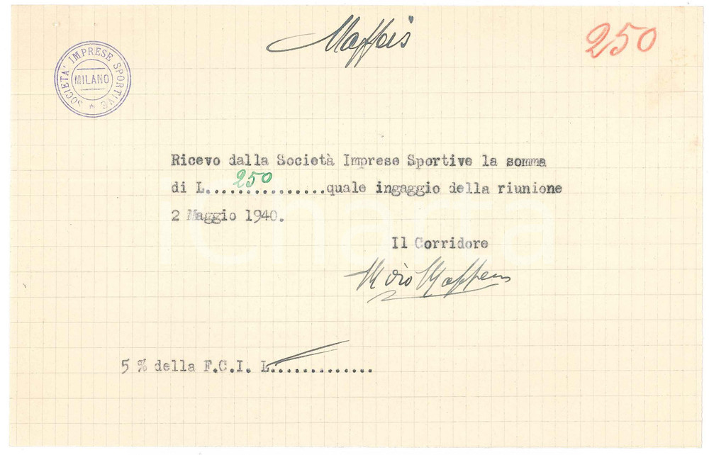 Autografo originale 1940 CICLISMO MILANO Ricevuta Mario MAFFEIS per ingaggio Vigorelli AUTOGRAFO 1