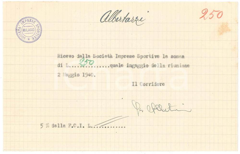 Autografo originale 1940 CICLISMO MILANO Ricevuta ALBERTAZZI per ingaggio Vigorelli AUTOGRAFO 1