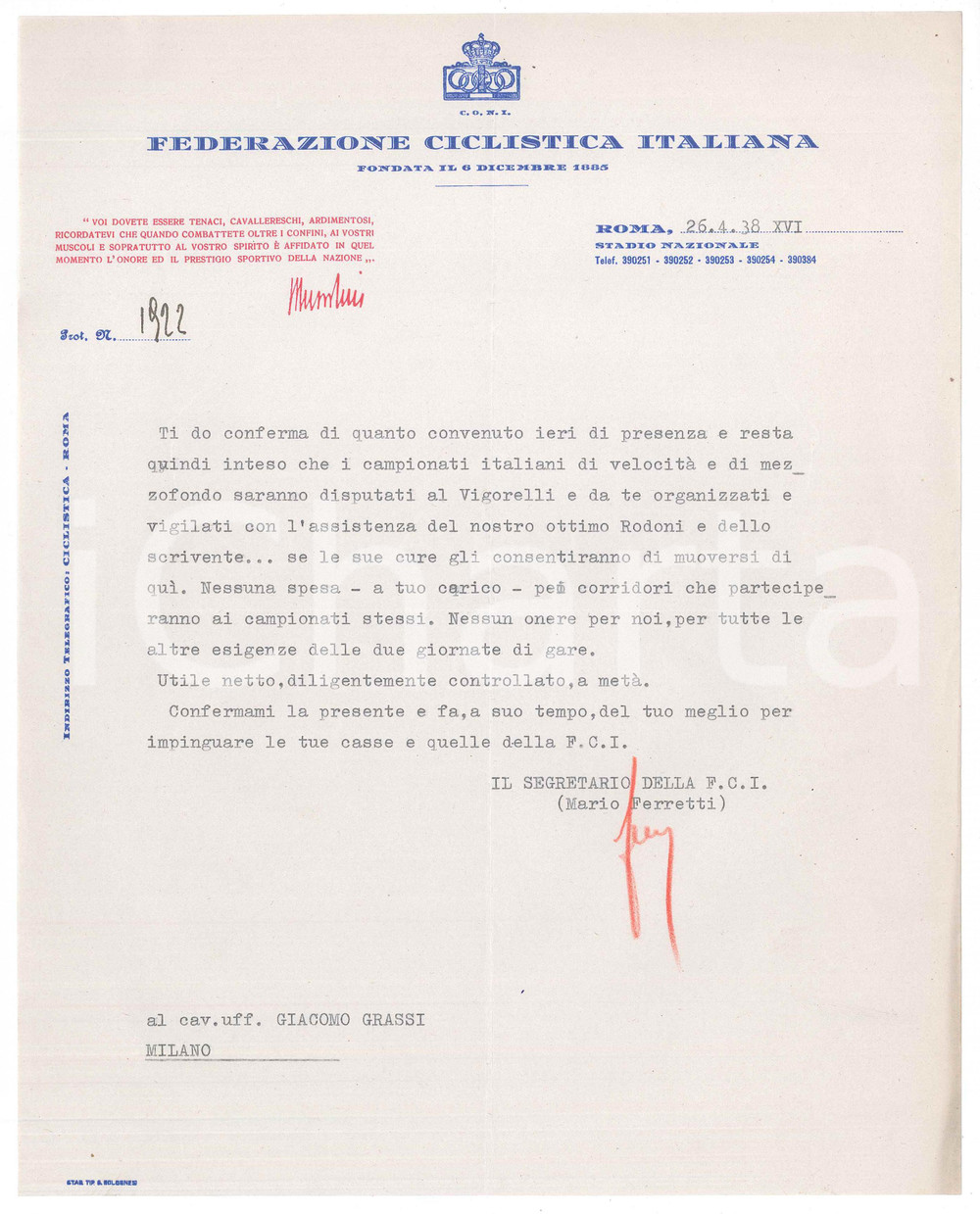 Manoscritto, lettera originale 1938 CICLISMO ROMA CONI Lettera Mario FERRETTI su campionati velocità AUTOGRAFO 1