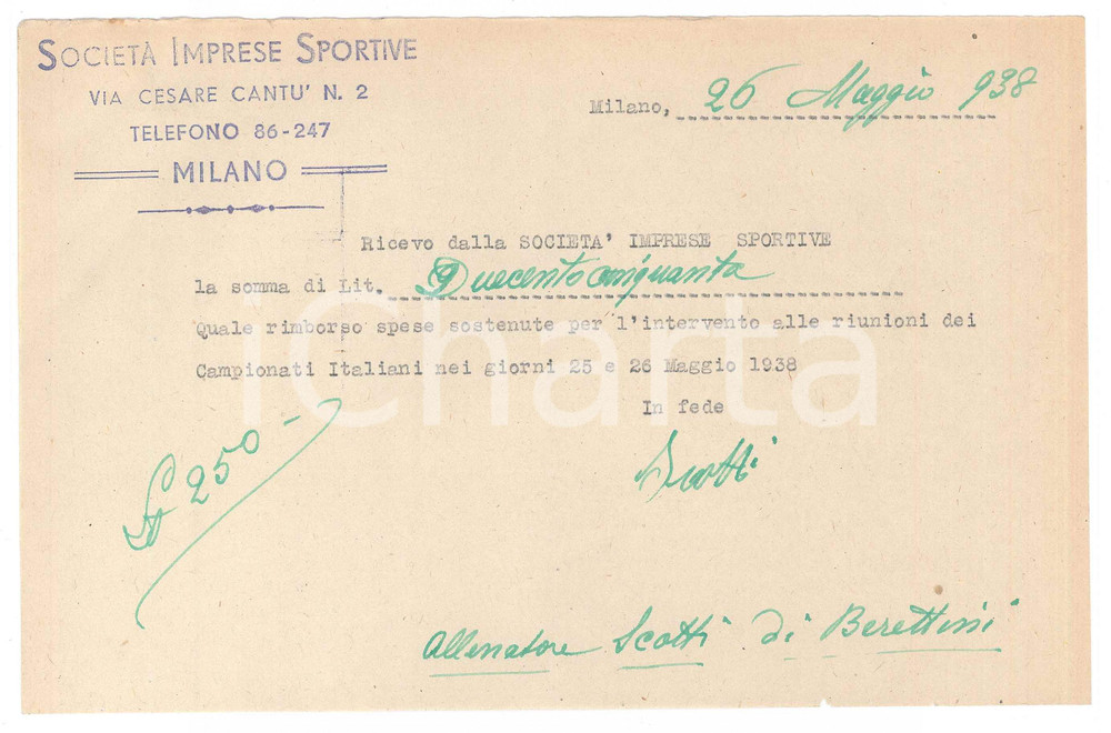 Autografo originale 1938 CICLISMO MILANO Ricevuta Alfredo SCOTTI allenatore per spese AUTOGRAFO 1
