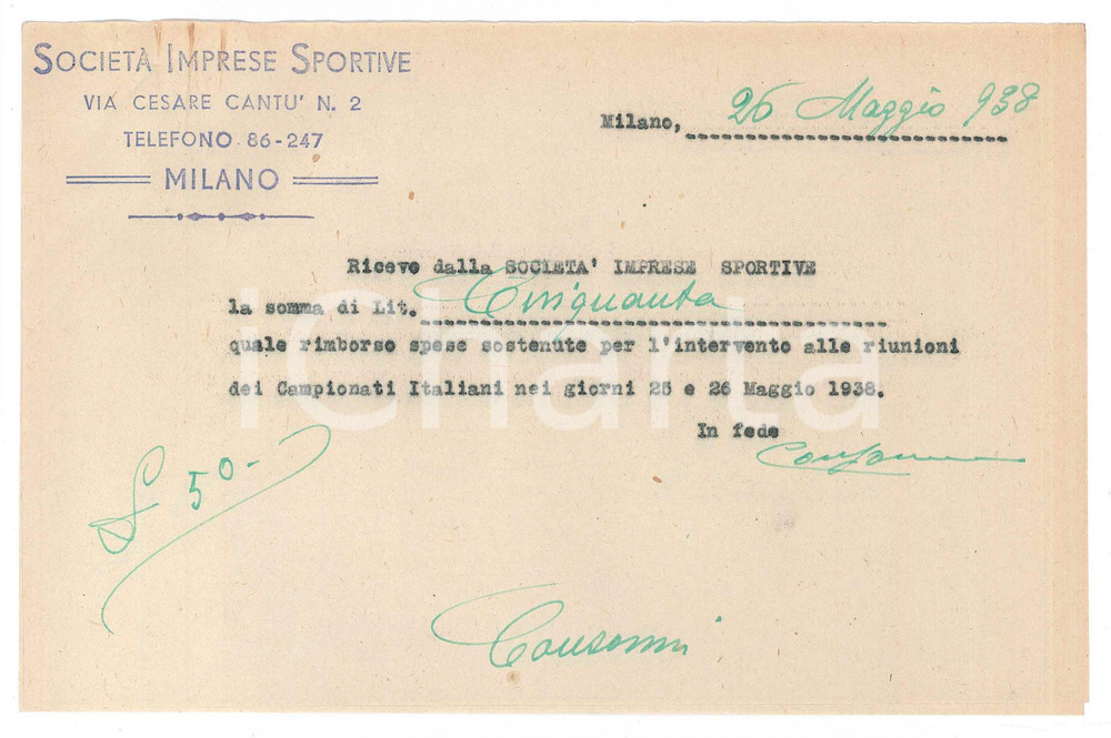 Autografo originale 1938 CICLISMO MILANO Ricevuta Luigi CONSONNI rimborso spese AUTOGRAFO 1