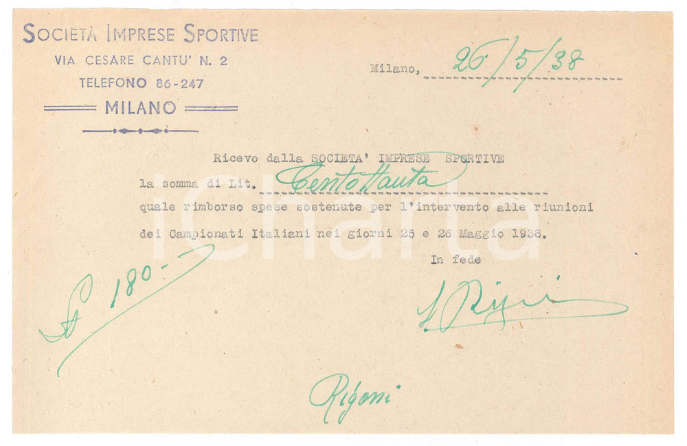 Autografo originale 1938 CICLISMO MILANO Ricevuta Severino RIGONI rimborso spese AUTOGRAFO 1